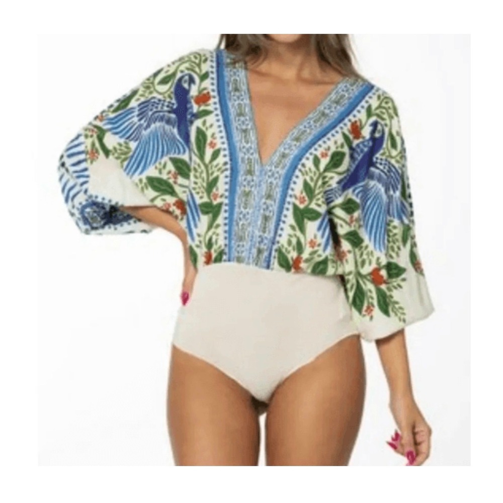 FARM Rio Tropical Parrot Bodysuit S Kimono Sleeve Open Back Boho Vacation Top